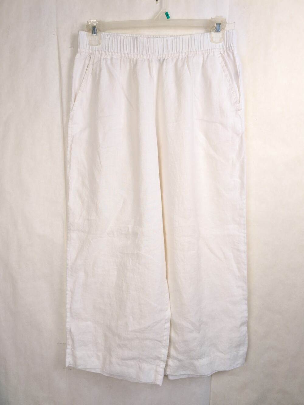 Tahari white 100% linen wide leg cropped pull on pants Size L Minimal Preppy